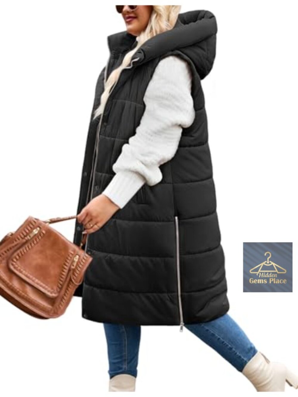 Plus Size Long Hooded Puffer Vest Gilet Water Repellent Sleeveless Winter
